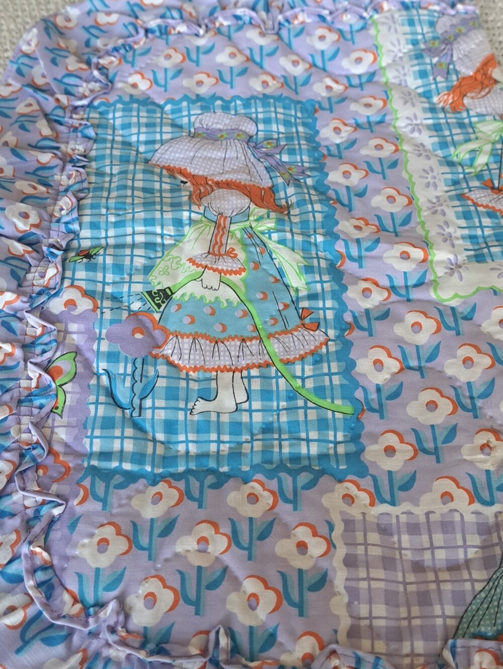 VTG SEARS ROEBUCK quilted pillow sham floral GIRL bonnet ruffle USA Shabby Chic